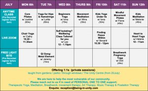 Unity classes timetable from 6 July 2020