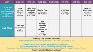 Unity classes timetable from 13 July 2020