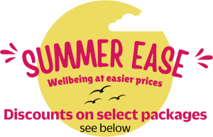 SUMMER EASE logo and text saying discounts on select packages, see below